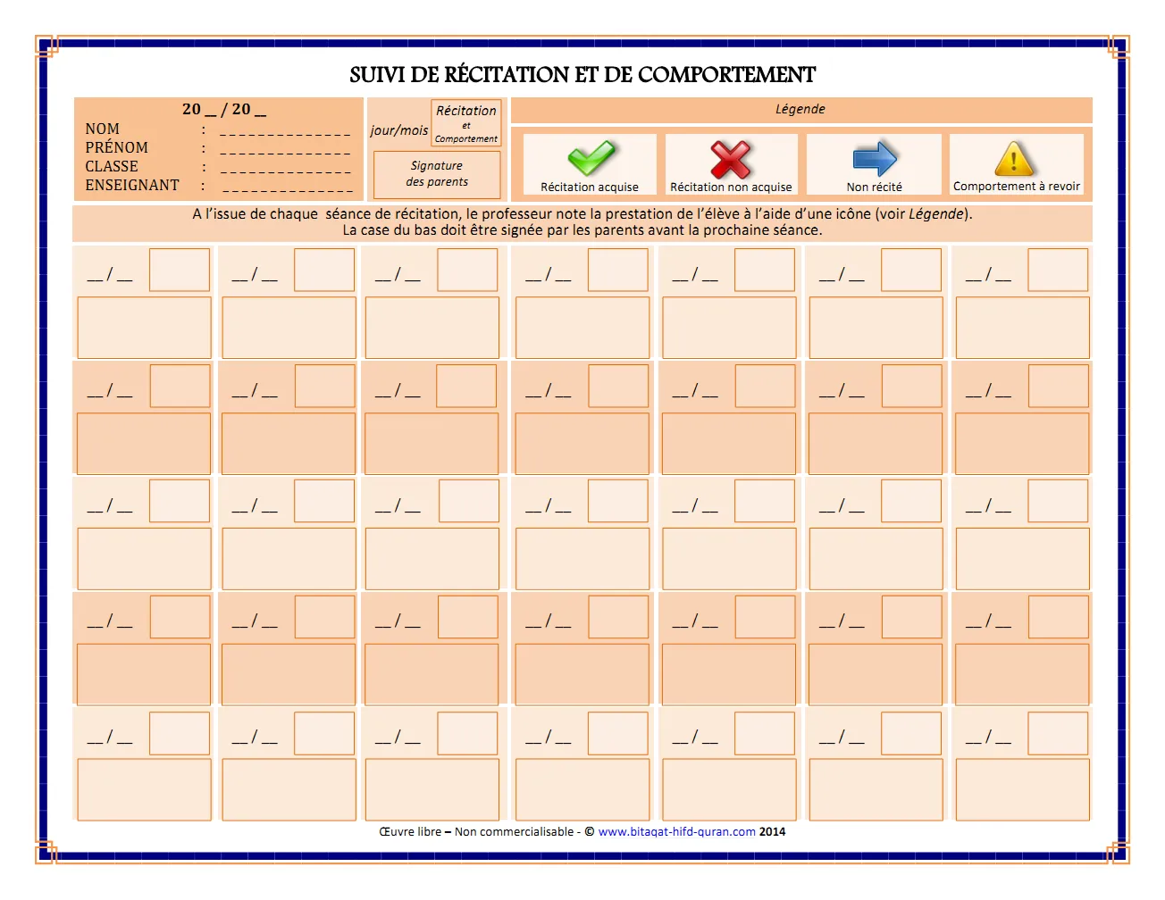 Carte de suivi et de comportement