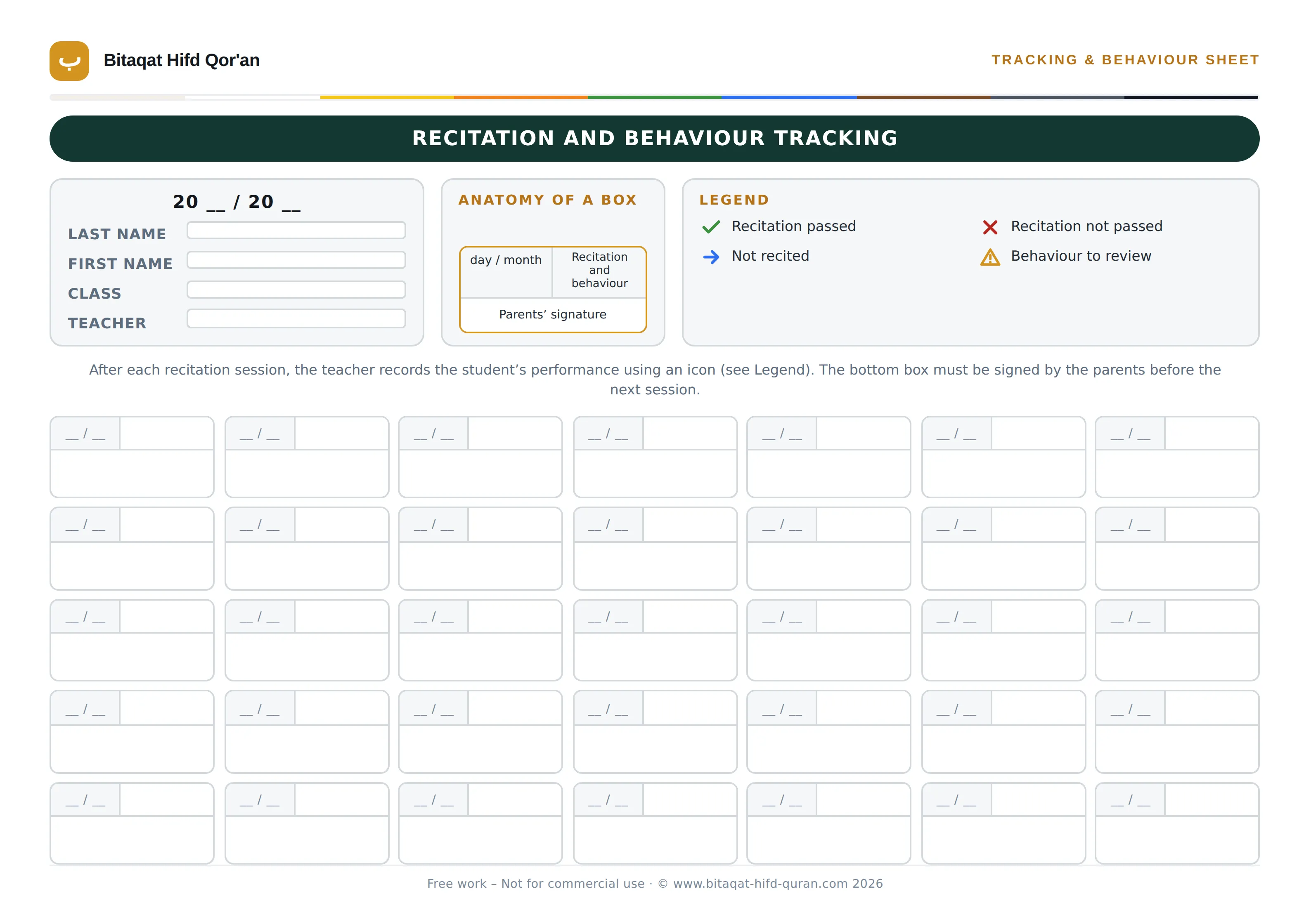 Recitation and behaviour tracking card
