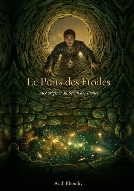 Couverture du Puits des Étoiles : un jeune homme se penche au-dessus d'un puits de pierre dont le fond s'ouvre sur un ciel d'étoiles.