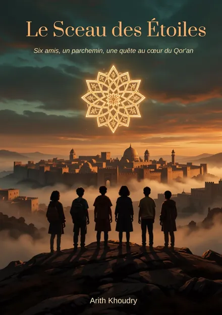 Couverture du Sceau des Étoiles : six enfants de dos contemplent une cité au crépuscule, sous un grand sceau lumineux.
