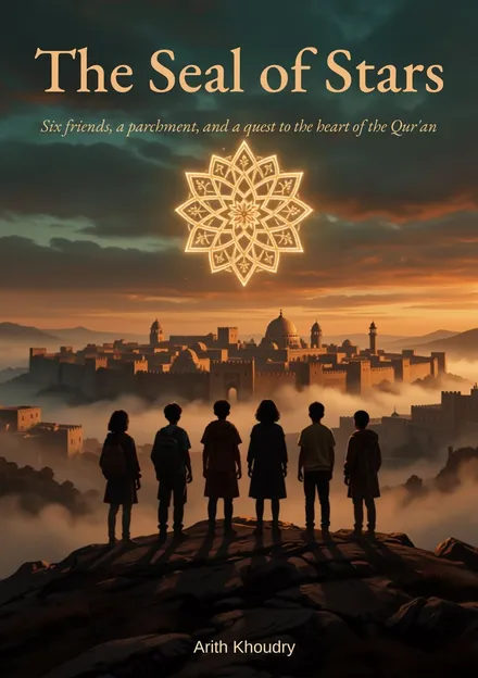 Cover of The Seal of Stars: six children seen from behind gaze at a city at dusk, beneath a great luminous seal.